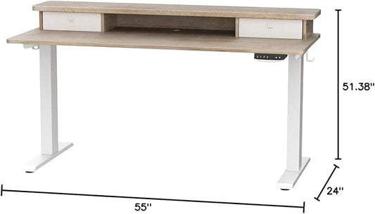 FEZIBO 55 x 24 Inch Height Adjustable Electric Standing Desk with Double Drawer, Stand Up Desk with Storage Shelf, Sit Stand Desk, Maple