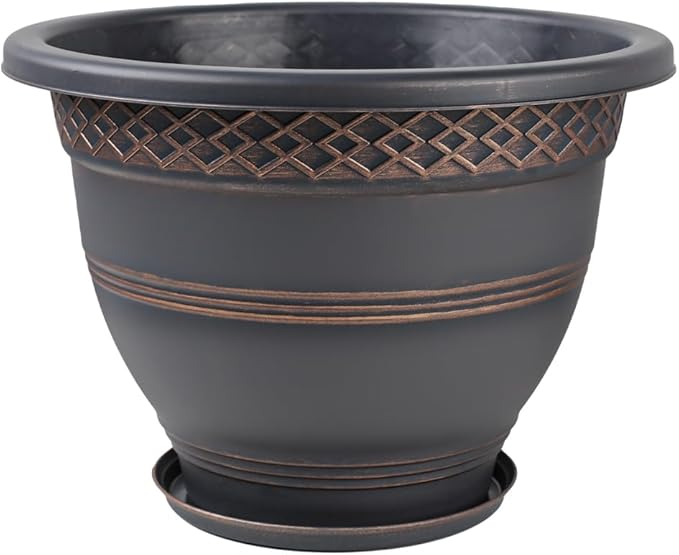 10 Inch 4 Pack Plant Pots, Plastic Flower Pot for Indoor & Outdoor with Drainage Holes & Saucer, Plaid Pattern Planters Garden Pots for Herbs