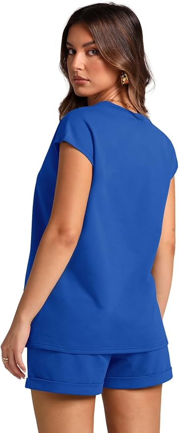 WIHOLL 2 Piece Sets for Women Casual Summer Travel Vacation Outfits Cap Sleeve Shorts Lounge Set