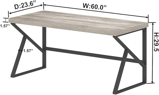 HSH Large Computer Desk, Industrial Metal Wood Gray Home Office Desk, Modern Long Work Study Writing Gaming Table, Student Simple PC Laptop Desk for Bedroom Living Room, Light Grey Oak, 60 Inch