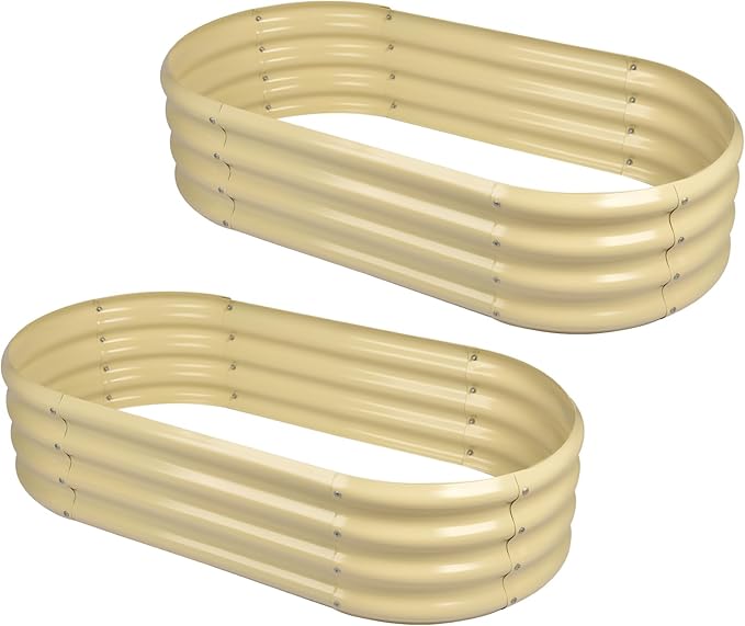 Land Guard 2Pcs Galvanized Raised Garden Bed Kit, 7.5×3×1ft Galvanized Planter Raised Garden Boxes Outdoor, Oval Large Metal Raised Garden Beds for Vegetables (Cream Yellow)