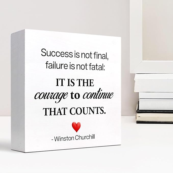Motivational Wood Box Sign Desk Decor,Success is not Final Failure is not Fatal Wood Plaque Signs,Rustic Positive Wooden Block Sign Decor for Home Office Shelf Desk Table Decoration C1071
