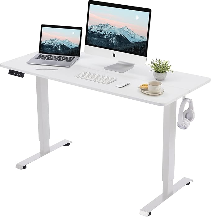 Electric Standing Desk, 48x24 Height Adjustable Desk Memory Preset, Office Desk with Cable Management Tray and Side Hooks, White Steel Frame & White Top