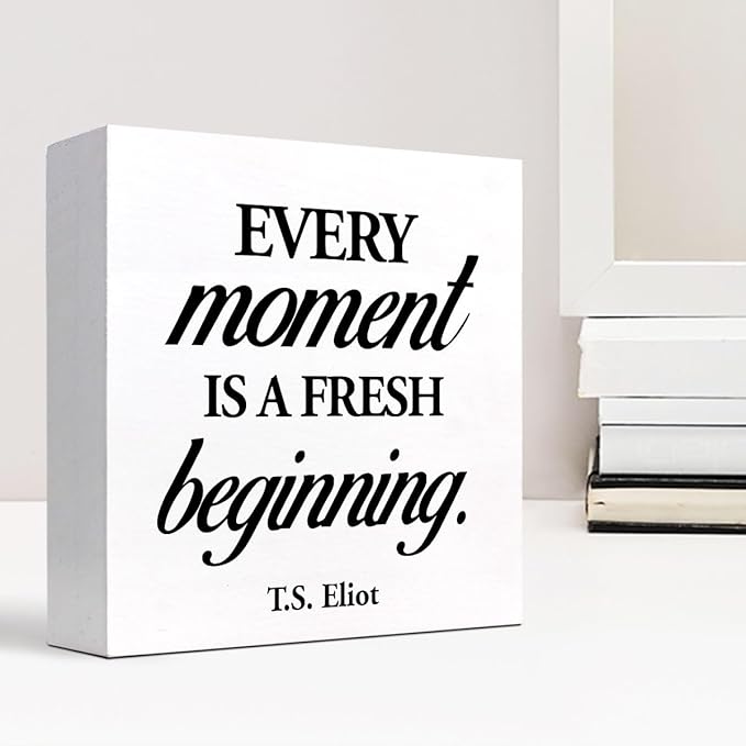 Positive Wood Box Sign Desk Decor,Every Moment is a Fresh Beginning Wood Plaque Signs,Rusti Inspirational Wooden Block Sign Decor for Home Office Shelf Desk Table Decoration C1067