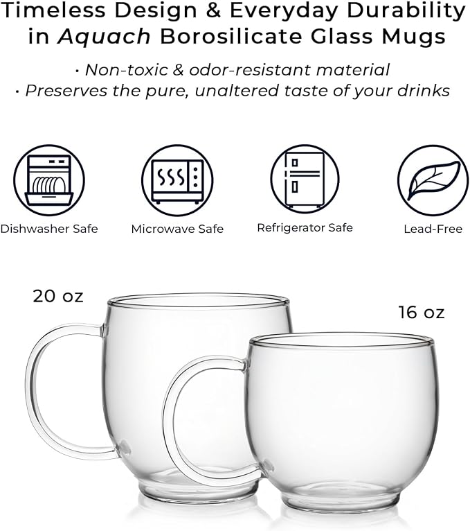 Aquach 16oz Glass Coffee Mugs Set of 2, Clear Borosilicate Tea Cups | Dishwasher & Microwave Safe, Single-walled, for Hot & Cold Beverages, Smooth Rim, Handle Comfort, Crystal Clear Transparency