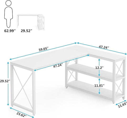 Tribesigns Reversible Industrial L-Shaped Desk with Storage Shelves, Corner Computer Desk PC Laptop Study Table Workstation for Home Office Small Space (White, 59")