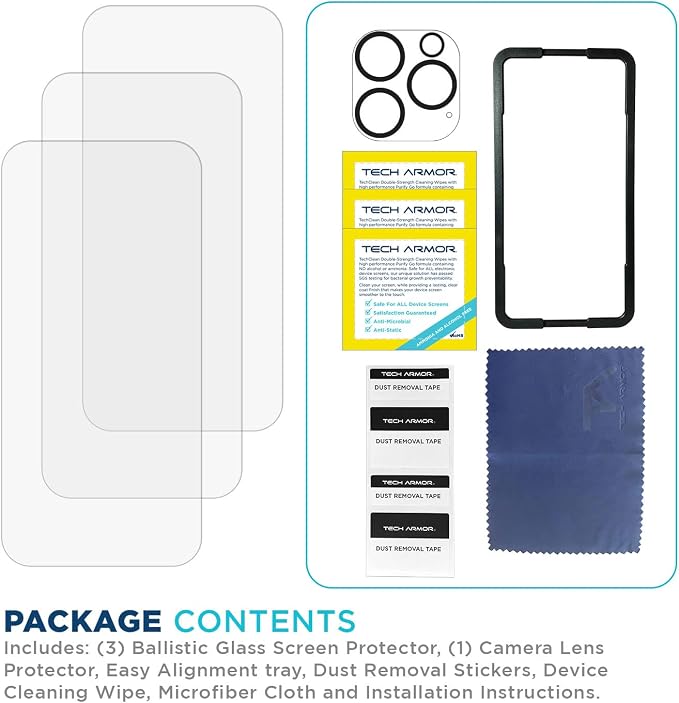 Tech Armor 3 Pack Screen Protector + 1 Camera Lens Protector for iPhone 14 Pro 6.1 inch - Ballistic Tempered Glass, Case Friendly, Dynamic Island Compatible, Sensor Protection, HD, 9H Hardness