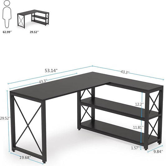 Tribesigns Reversible Industrial L-Shaped Desk with Storage Shelves, Corner Computer Desk PC Laptop Study Table Workstation for Home Office Small Space (Black, 53")