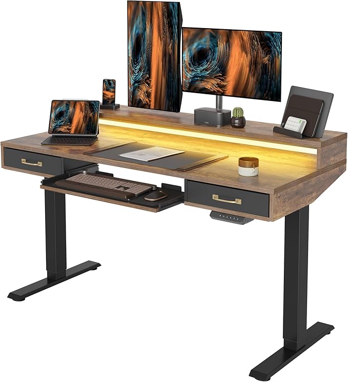 FEZIBO 55 x 24 Inch Height Adjustable Electric Standing Desk with Double Drawers&Keyboard Tray, Stand Up Desk with LED Strips, Sit Stand Desk with Monitor Stand, Rustic Brown