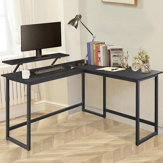 L Shape Computer Desk - Spacious 55 inch Corner Desk Home Office Desk Gaming Desk with Reversible Monitor Stand and Adjustable Feet, Easy Assembly, Black