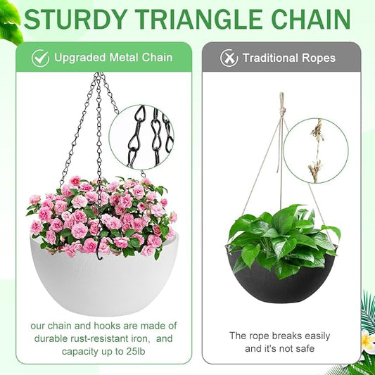 10 inch Hanging Planters for Indoor Plants, 2 Pack Planters for Outdoor Plants with Drainage Holes and Chain, Round Plastic Hanging Baskets, Hanging Flower Pots for Balcony Garden Decor-White