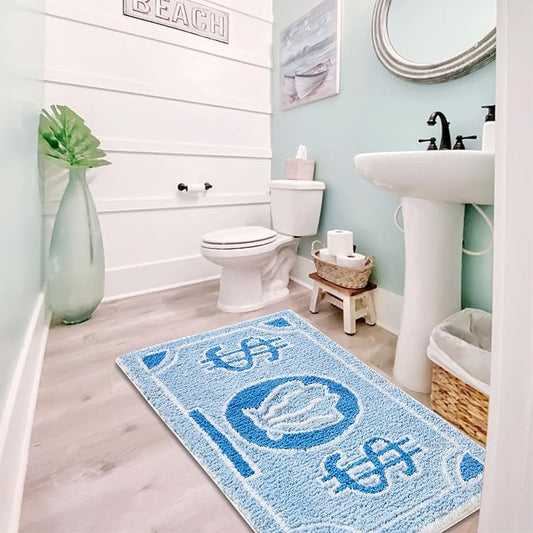 RoomTalks Coastal Beach Bathroom Rugs Non Slip Light Blue Turquoise Cute Bath Mat Washable, Cartoon Money Tufted Rug Boho Funky Aesthetic Cool 2x3 Small Throw Rugs for Bedroom Kitchen Living Room