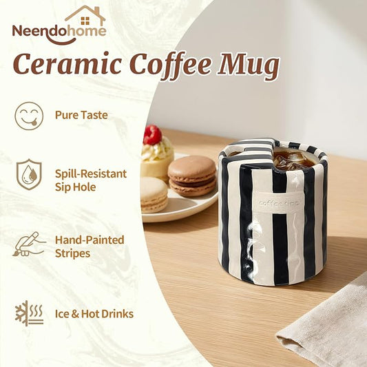 10 oz Ceramic Coffee Mug with Sip Hole & Silicone Sleeve, Black | Cute Hand-Painted Striped Porcelain, Gift for Coffee Lover, Cold & Hot Drinks, Microwave & Dishwasher Safe