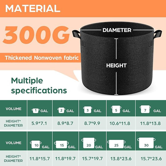 10 Pack 25 Gallon Grow Bags, Thickened Nonwoven Fabric Planter Pots with Handles, Heavy Duty 300G Garden Pots for Tomato, Potato and Vegetable