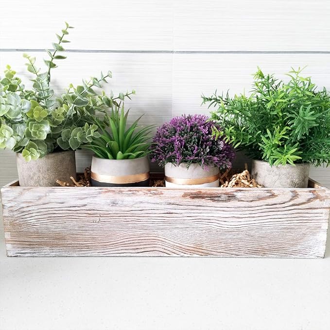 1 Pcs Wood Planter Rectangle Whitewashed Rectangular Decorative Wooden Box with Inner Plastic Box - 17.3" L x 3.9" W x 3.9" H Floral Natural Centerpieces Rustic Wedding Decor
