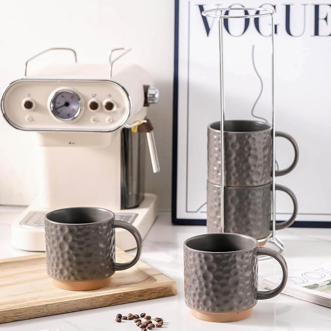 Nihow 16 Oz Ceramic Coffee Mug Set of 4 with Stackable Stand,Matte Gray | Stackable, Stainless Stand Included, Cappuccino & Tea, Hot/Cold Drinks, Dishwasher & Microwave Safe