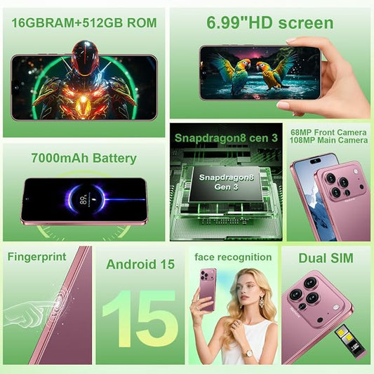 17 PMAX Unlocked Cell Phone,16GB+512GB Smartphone,6.99" HD Screen Android 15 5G Phones,Battery 7000mAh Android The Phone,Fingerprint Button Unlock/GPS/Face ID/Dual SIM/5G (Rose Glod)
