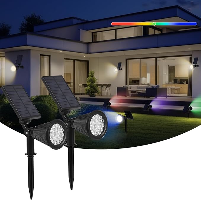 Solar Spot Lights Outdoor, 2-in-1 Wall Mount & Ground Stake 18 LEDs with 2 Lighting Modes, 7 Colors Changing, IP65 Waterproof Solar Landscape Lights for Garden, Pathway, Yard, Patio (2 Pack)