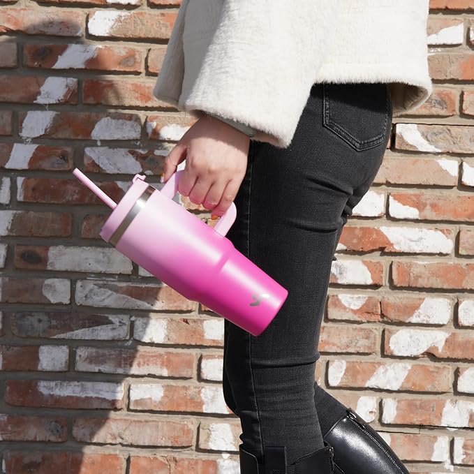 Konokyo 40 oz Insulated Tumbler Water Bottle with Handle, Straw Lid | BPA-free and dishwasher safe; made for gym, travel, coffee and gifting, 2 straws, cup holder friendly,Lemon