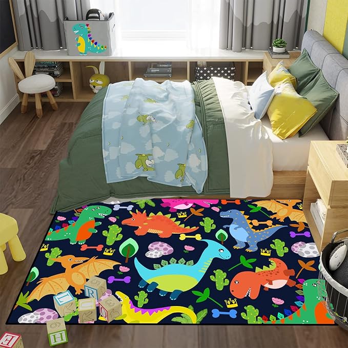 Dinosaur Rug for Boys Room Cartoon Dinosaur Area Rugs Kids Rug Dinosaur Rug Kids Play Rug Dinosaur Play Rug for Bedroom and Kidroom Playing Room,Dark Blue 3'×4'