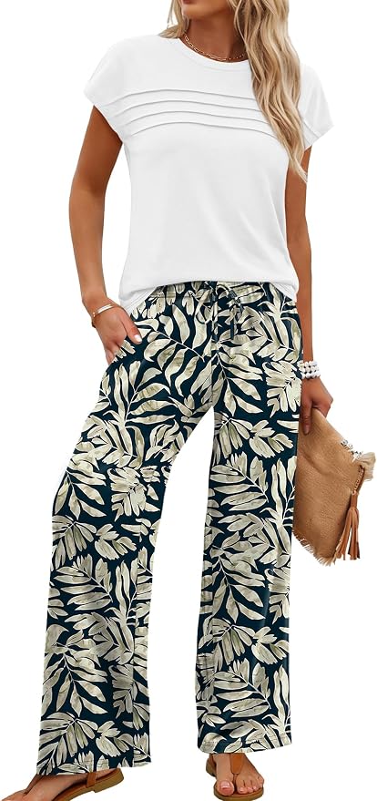 WIHOLL Two Piece Set for Women Summer Spring Outfits Matching Sets Women Clothing Airport Travel Vacation Wide Leg Pants