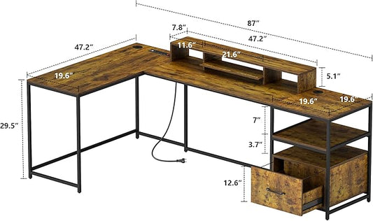 L Shaped Desk - 87" L Shaped Gaming Desk with Power Outlet & Monitor Shelf, Home Office Corner Computer Desk with Printer Shelf & File Drawer, Rustic Brown