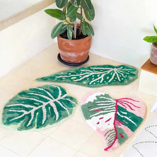 Begonia Non Slip Bath Mat or Kitchen Tufted Rug, Plant Leaf Shaped Kids Pets Floor Mat Carpet, Green, 45.3" x 16.3"