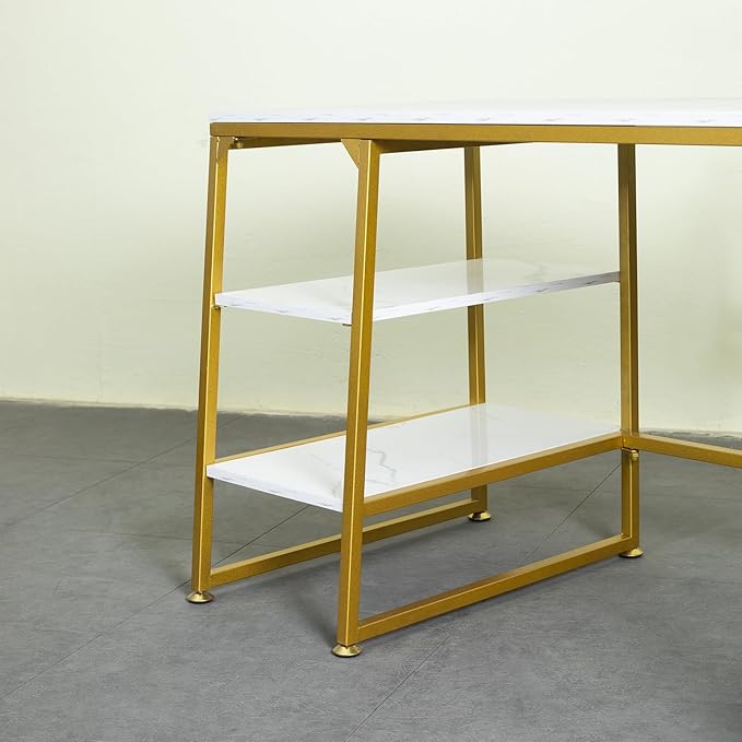 CIVANA Metal Office Desk,43 Inch Small Study Desk,Gold Office Desk with 2 Tier Storage Space,Computer Desk Modern Simple Style,Sturdy Writing Workstation for Home & Office,White Marble + Gold Leg