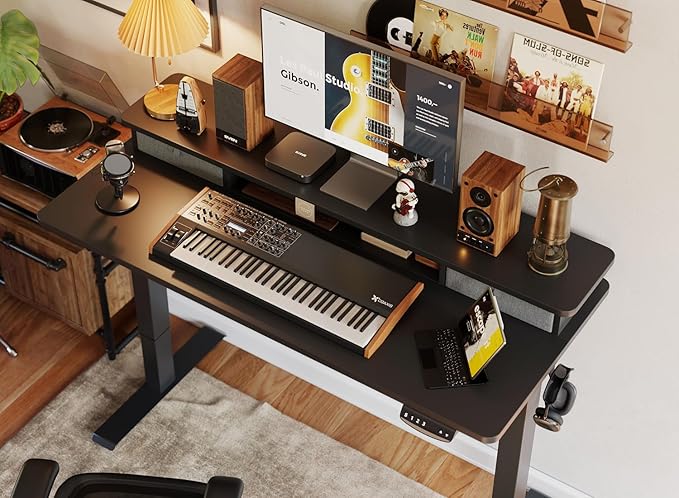 BANTI 48x24 Inch Electric Standing Desk with Double Drawers, Adjustable Height Stand Up Desk, Sit Stand Home Office Desk with Storage Shelf, Black Top