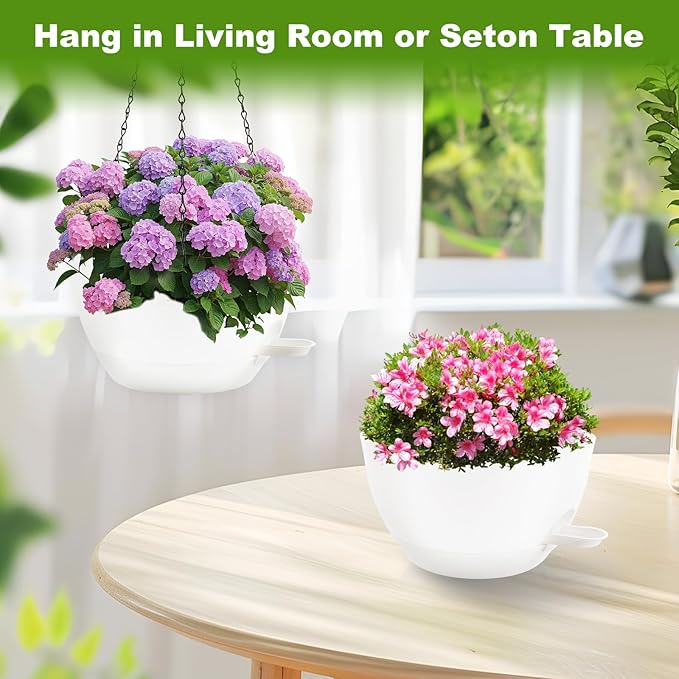 10 inch Hanging Planters for Indoor Plants, 3 Pack Self-Watering Hanging Planter Pots with Chain and Drainage Holes, Outdoor Plastic Hanging Baskets for Garden Home Decor (White, 3pcs/10inch)