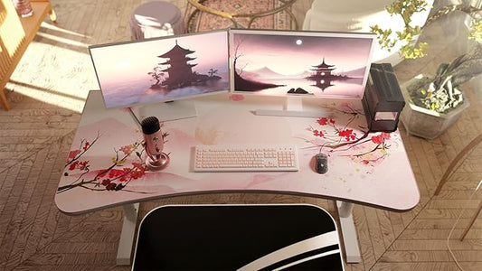 Arozzi Arena Special Edition Ultrawide Curved Gaming and Office Desk with Full Surface Water Resistant Desk Mat Custom Monitor Mount Cable Management Cut Outs - Sakura