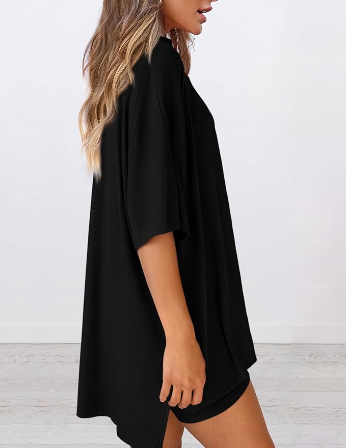 PRETTYGARDEN Women 2 Piece Lounge Set 2026 Summer Casual Oversized Shirts Biker Shorts Matching Airport Travel Outfit Clothes