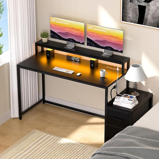 GreenForest Small Desk for Bedroom, 39.4 inch Computer Desk with 2 Drawers, Gaming Desk with LED Light and Power Outlet, Reversible Office Desk with Monitor Stand, Desk for Small Spaces, Black