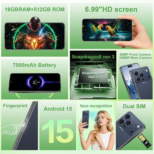 17 PMAX Unlocked Cell Phone,16GB+512GB Smartphone,6.99" HD Screen Android 15 5G Phones,Battery 7000mAh Android The Phone,Fingerprint Button Unlock/GPS/Face ID/Dual SIM/5G (Deep Blue)