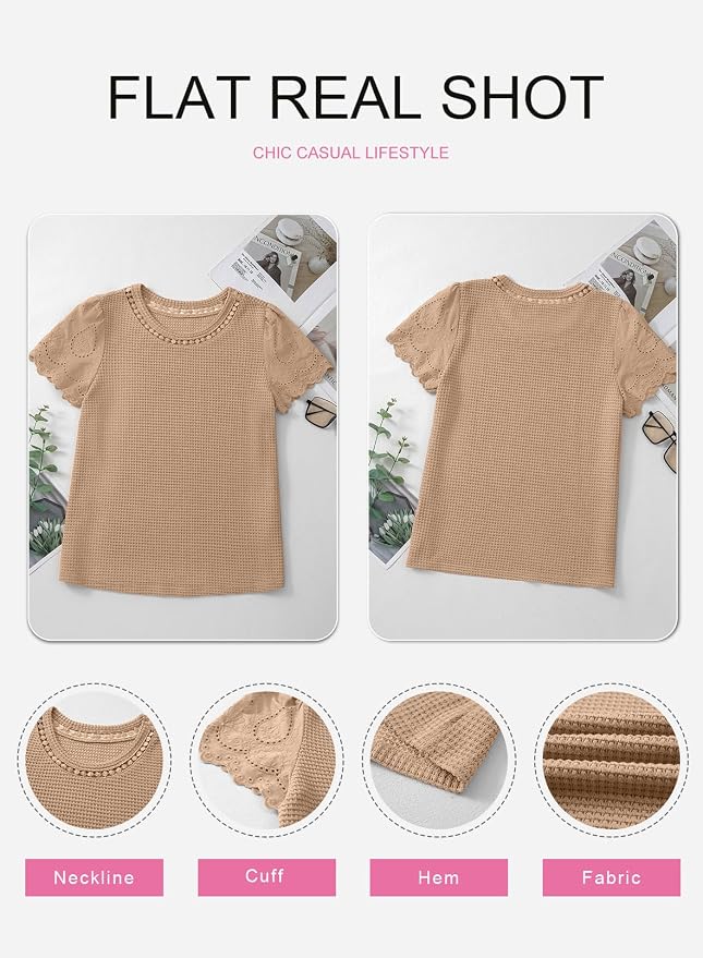 SHEWIN Womens Frenchy Summer Tops Crewneck Short Sleeve T Shirts Casual Waffle Knit Jacquard Blouses Top Shirts