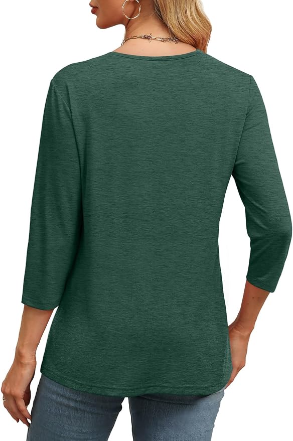 WIHOLL Womens Tops 3/4 Length Sleeve V Neck Casual Tunic Tops Basic Shirts Loose Fit Blouse
