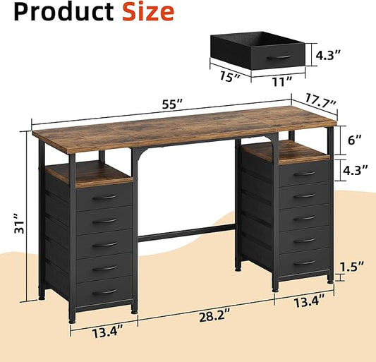 Desk with 10 Fabric Drawers Classified Organizer - 55"/140 Office Desks with Ample Storage, Computer Work Desk Study Writing Table Workstation for Home Office Space Deep Black