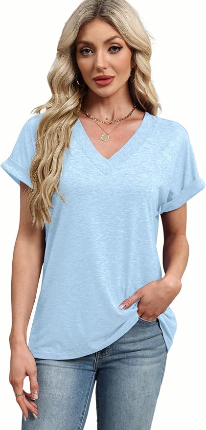 T Shirts Short Sleeve V Neck Tees Womens Tops Beach Vacation Fashion Clothes 2026 Casual Summer Spring Fall Outfits