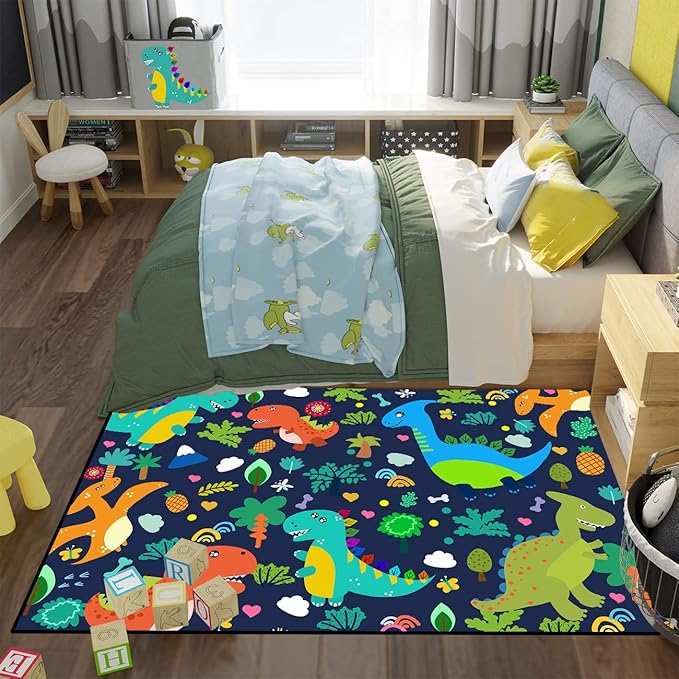 Dinosaur Rugs for Boys Bedroom Cute Dinosaur Area Rug and Leaves Print Dinosaur Rug Kids Rug Play Rug Dinosaur Carpets Cartoon Rug for Playroom Classroom,Blue 3'×5'