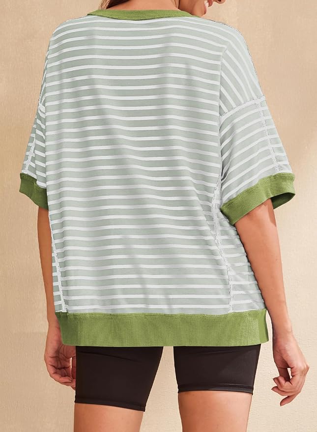 SHEWIN Womens Tops Casual Short Sleeve Sweatshirt Crewneck Striped Shirt Pullover T Shirts Loose Blouses