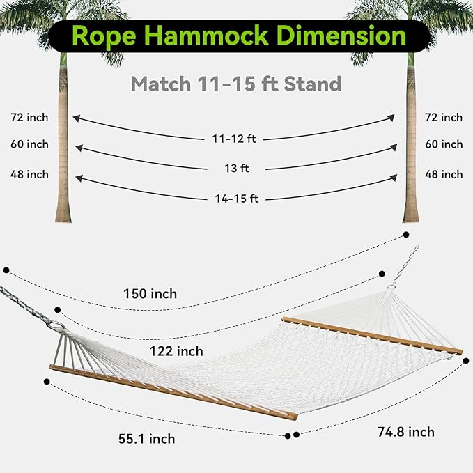 Double Hammock for 2 Person, Handwoven Rope Hammock with Spreader Bar Without Stand - Indoor & Outdoor Use for Patio, Poolside, Backyard (White)