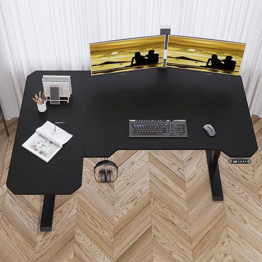 Adjustable Height L-Shaped 59 Inch Electric Standing Desk - Sit Stand Computer Desk, Stand Up Desk Table for Home Office, Black Frame and Top