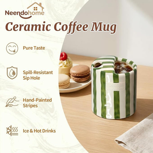 10 oz Ceramic Coffee Mug with Sip Hole & Silicone Sleeve, Green | Cute Hand-Painted Striped Porcelain, Gift for Coffee Lover, Cold & Hot Drinks, Microwave & Dishwasher Safe