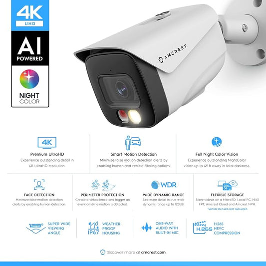 Amcrest UltraHD 4K (8MP) IP PoE AI Camera, FOV 129°, 49ft Color Nightvision, Security Outdoor Bullet Camera, Human & Vehicle Detection, Active Deterrent, 4K @15fps, IP8M-2796EW-AI (White)