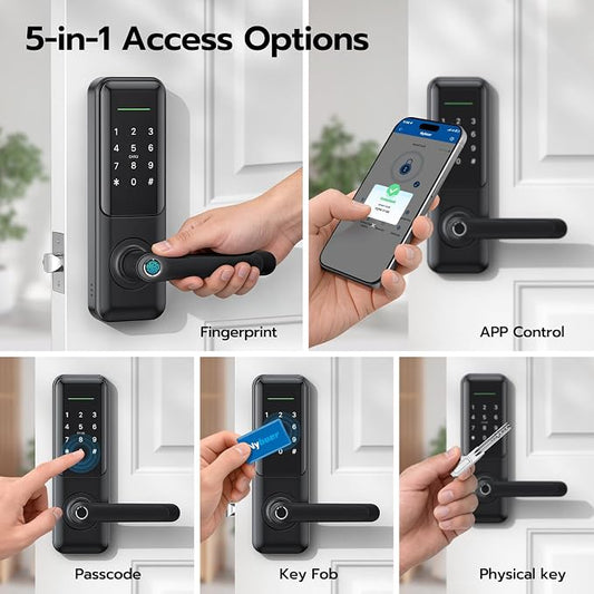 Nyboer Smart Keypad Door Lock with Handle for Front Door | 7 in 1 Keyless Entry with Fingerprint, Easy DIY Install, Remote & Voice Control, Auto-Lock, Ideal for Lockset Replacement