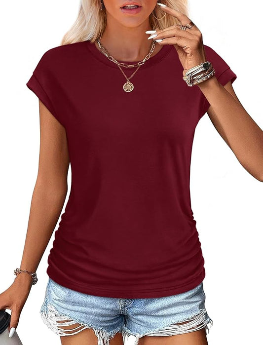 Sampeel Womens Summer Tops Trendy 2026 Ruched Cap Short Sleeve Tshirts Shirts Crew Neck T Shirts Fashion