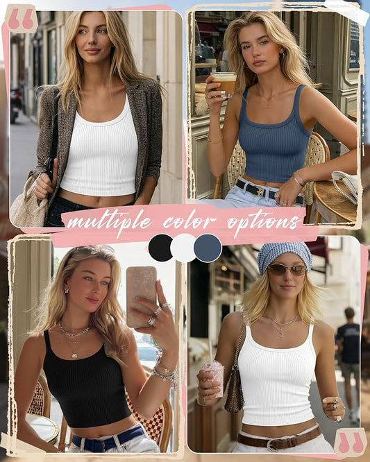 Ficerd 3 Pack Women's Tank Tops 95% Cotton Spaghetti Strap Ribbed Crop Camisole Slim Fitted Basic Summer Sleeveless Layer