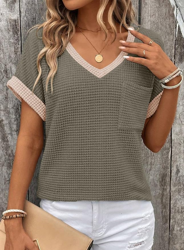 Dokotoo Womens Waffle Knit Tops 2026 Spring Summer V Neck Shirts Casual Trendy Women's Blouses Basic Tee