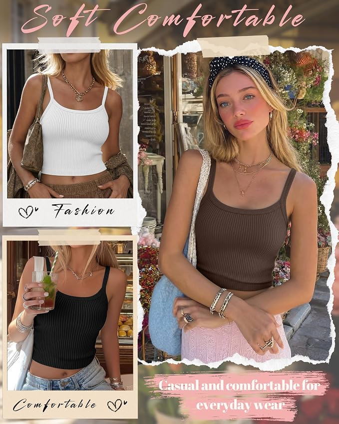 Ficerd 3 Pack Women's Tank Tops 95% Cotton Spaghetti Strap Ribbed Crop Camisole Slim Fitted Basic Summer Sleeveless Layer