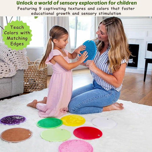 Sensory Mats Set - 9 Round 8.6-inch Sensory Tiles for Sensor Wall, Floor & More - Multi-Sensory Exploration Sensory Toys for Kids and Autistic Children - Sensory Room Equipment Play-Based Learning